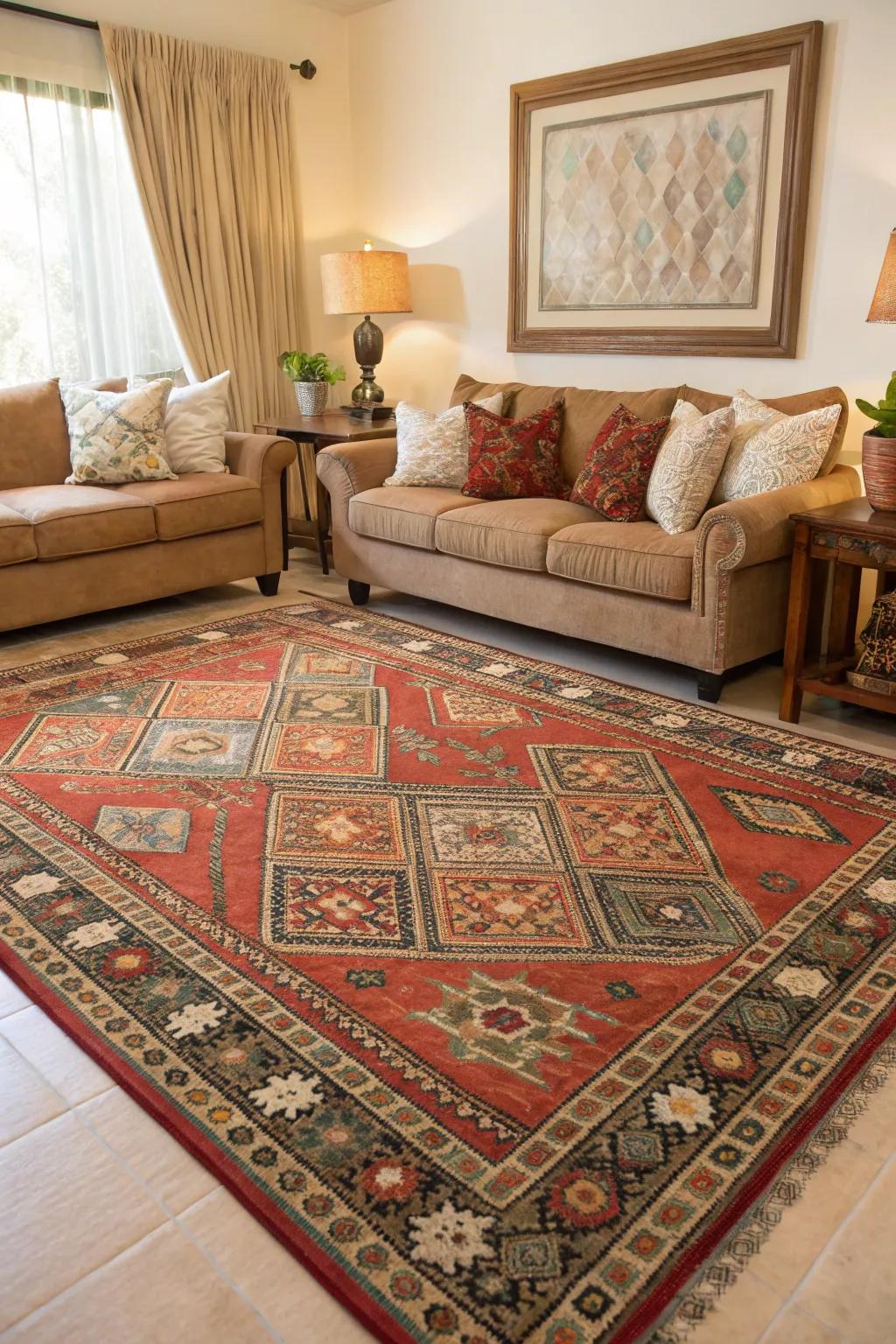 A vibrant rug that ties the room together beautifully.