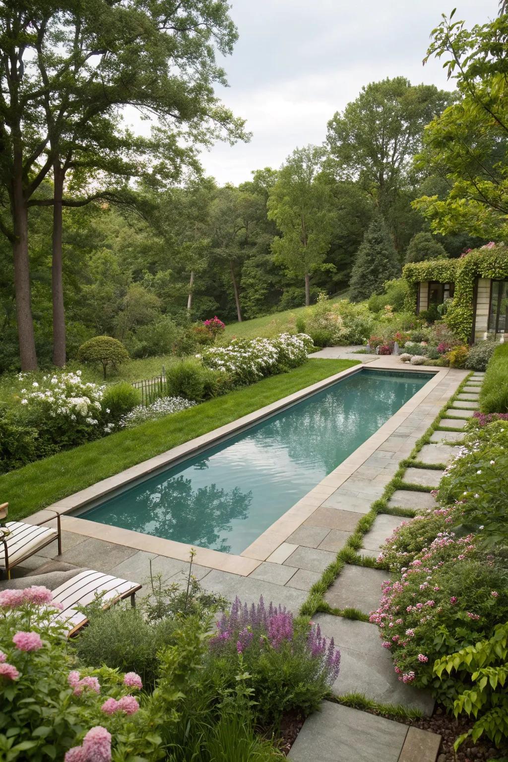 The pool seamlessly blends into the garden landscape.