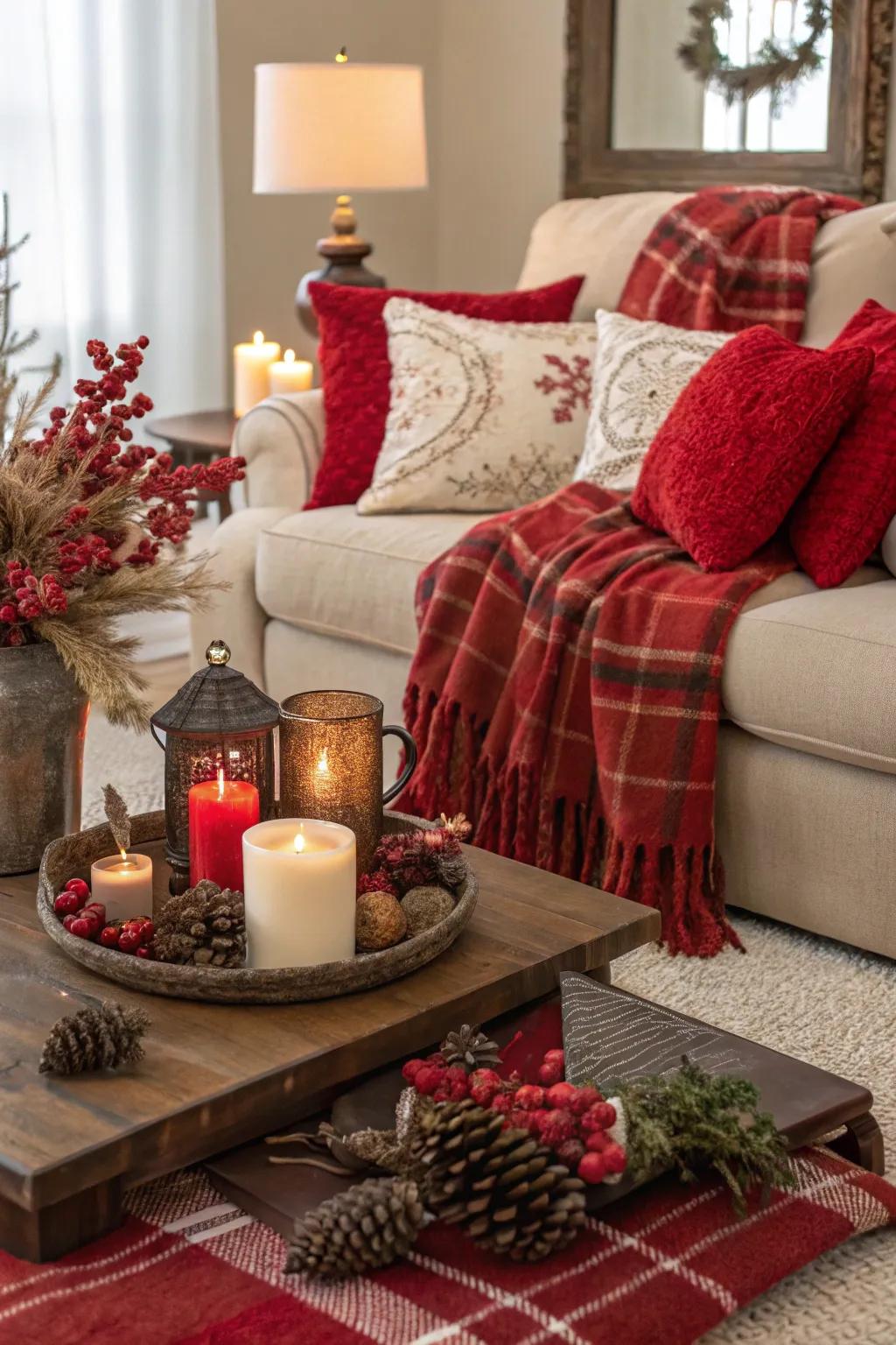 Seasonal decor with red and brown accents keeps the space fresh.