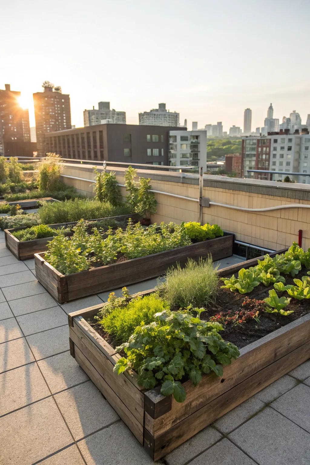 A rooftop garden offers fresh produce and a touch of nature.