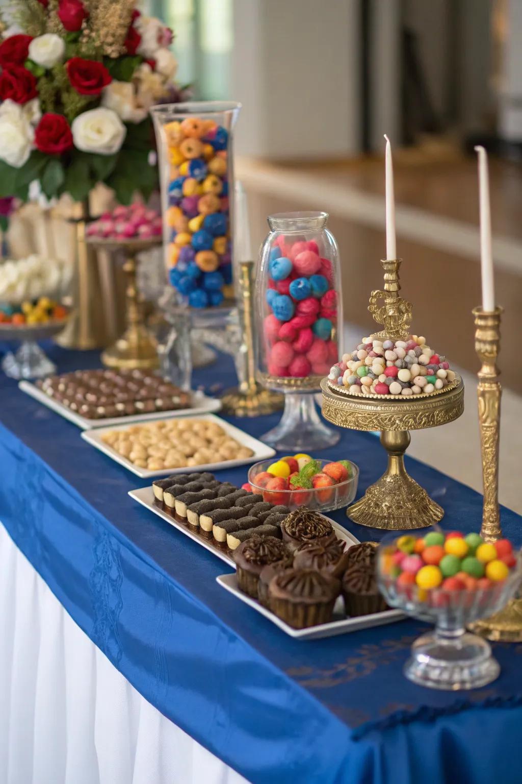 A royal blue table runner that ties the theme together.