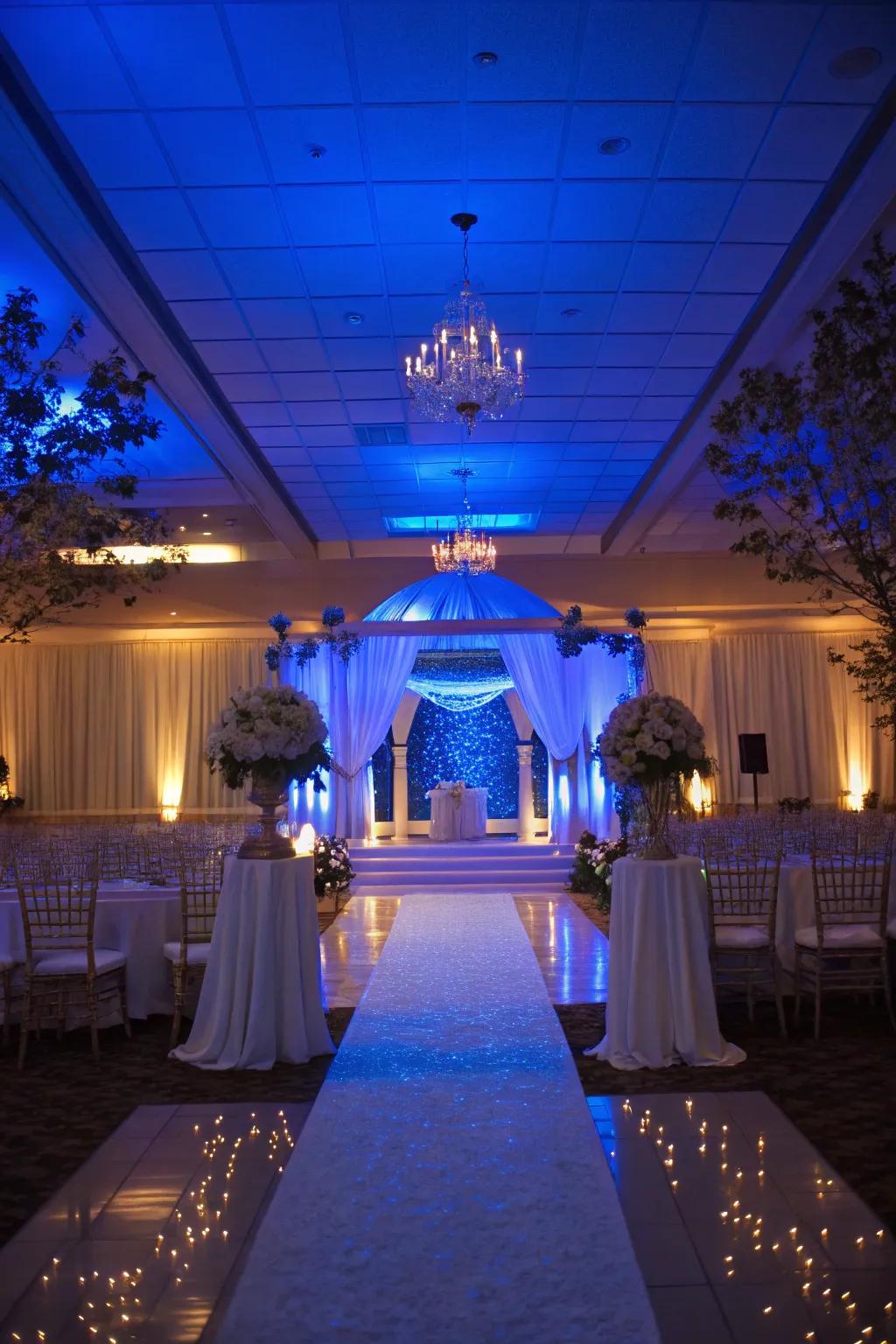 Romantic ambiance enhanced with royal blue lighting.