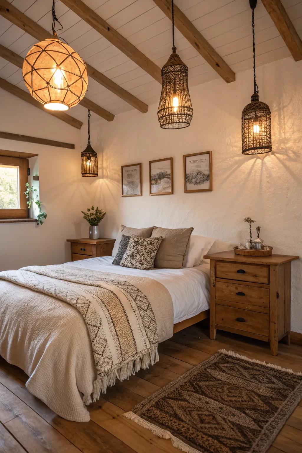 Rustic lighting adds warmth to this bedroom.
