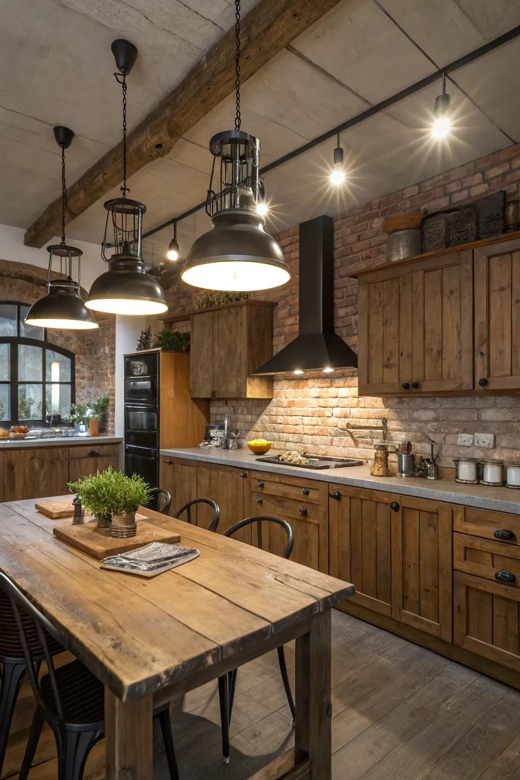 A kitchen blending rustic charm with industrial lighting.