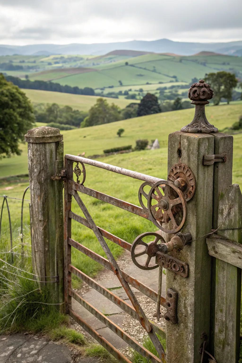 A rustic gate featuring antique hardware.