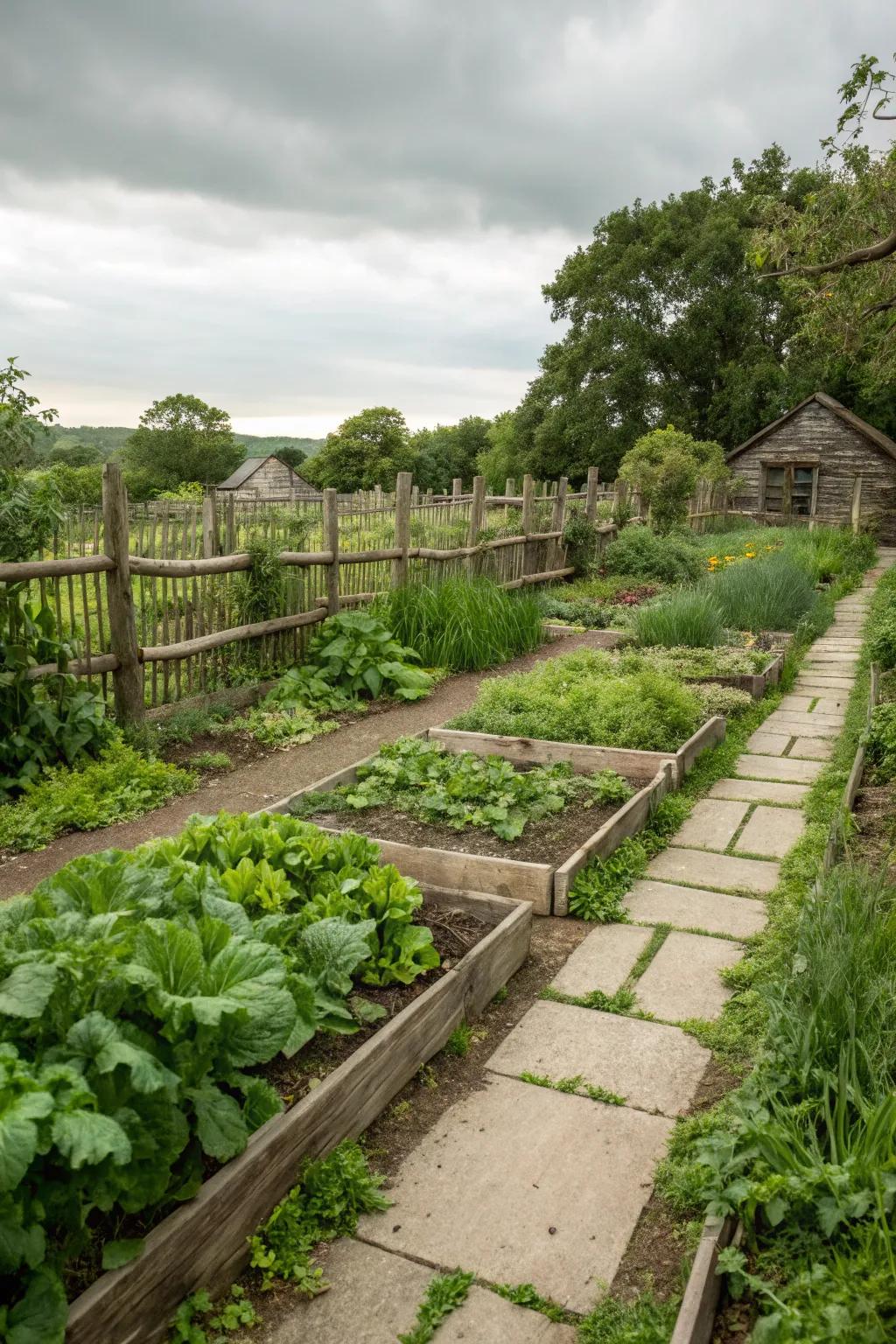 A thriving vegetable and herb garden in a rustic setting.