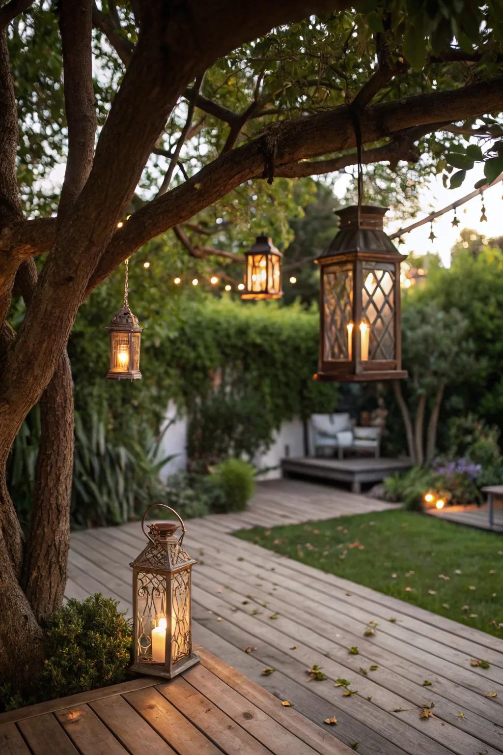 Outdoor lanterns create an enchanting atmosphere on this patio.