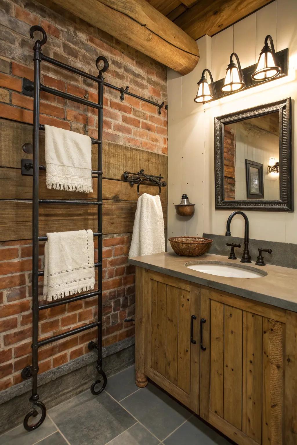 Wrought iron towel racks add a rustic, industrial touch.