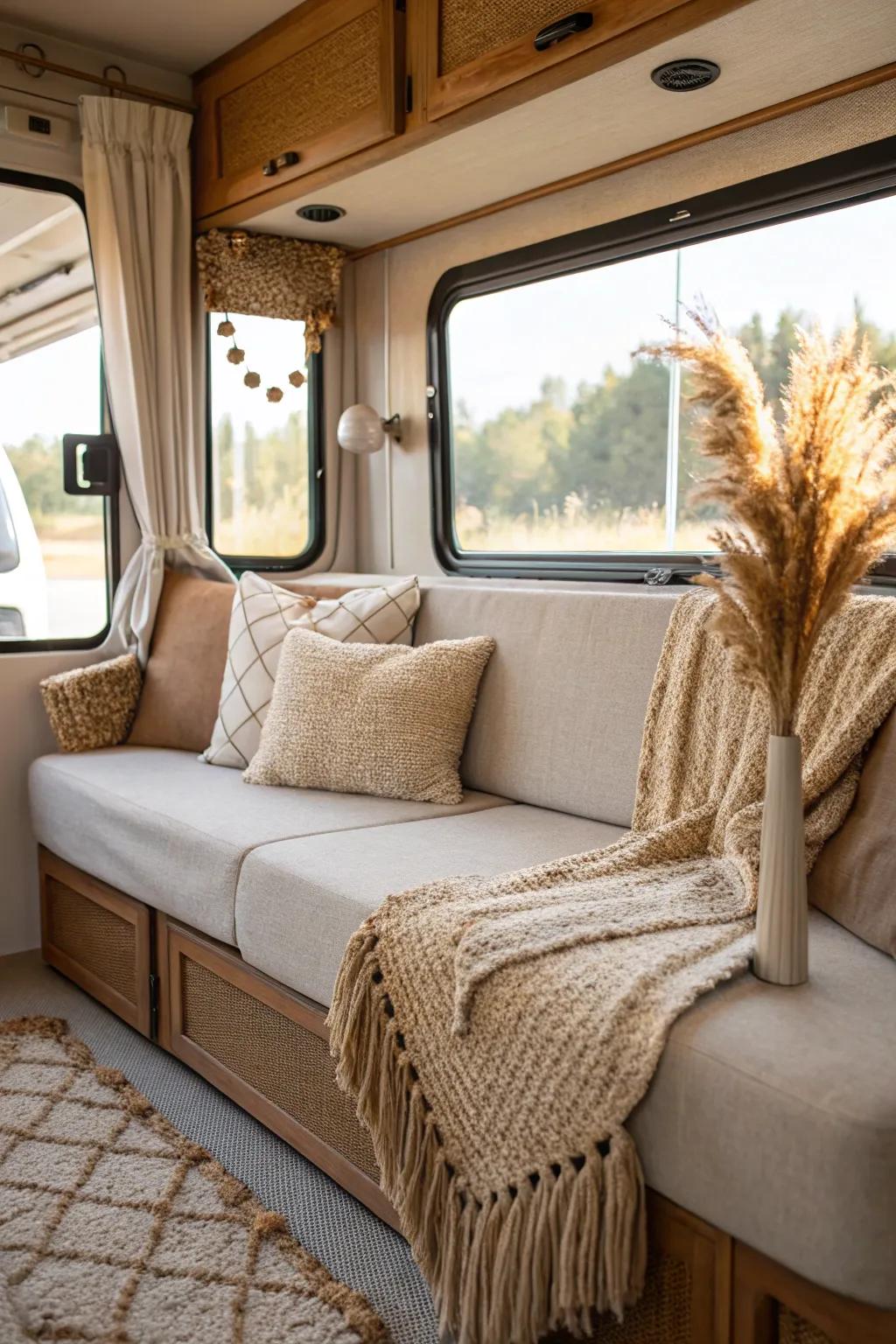 Natural materials bring warmth and tranquility to RV interiors.