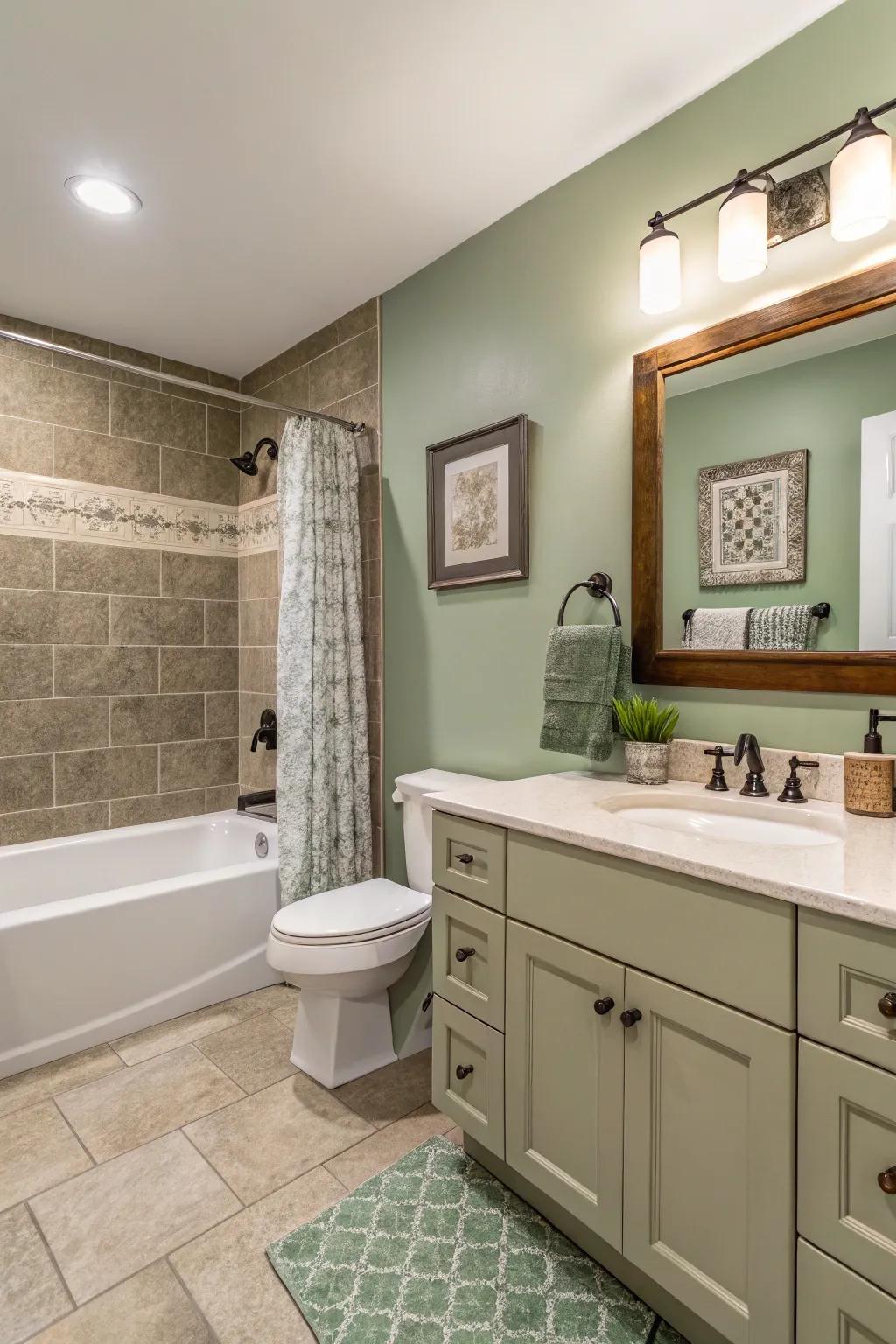 A bathroom with a sage green accent wall that provides depth and character.