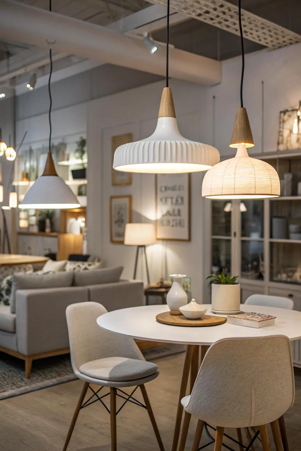 Modern lighting fixtures enhance this Scandinavian interior.