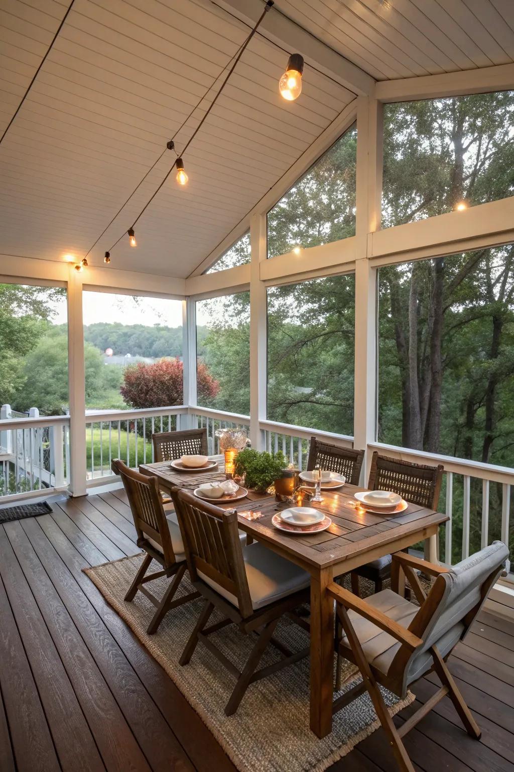 A semi-outdoor dining area on the porch offers a delightful dining experience.