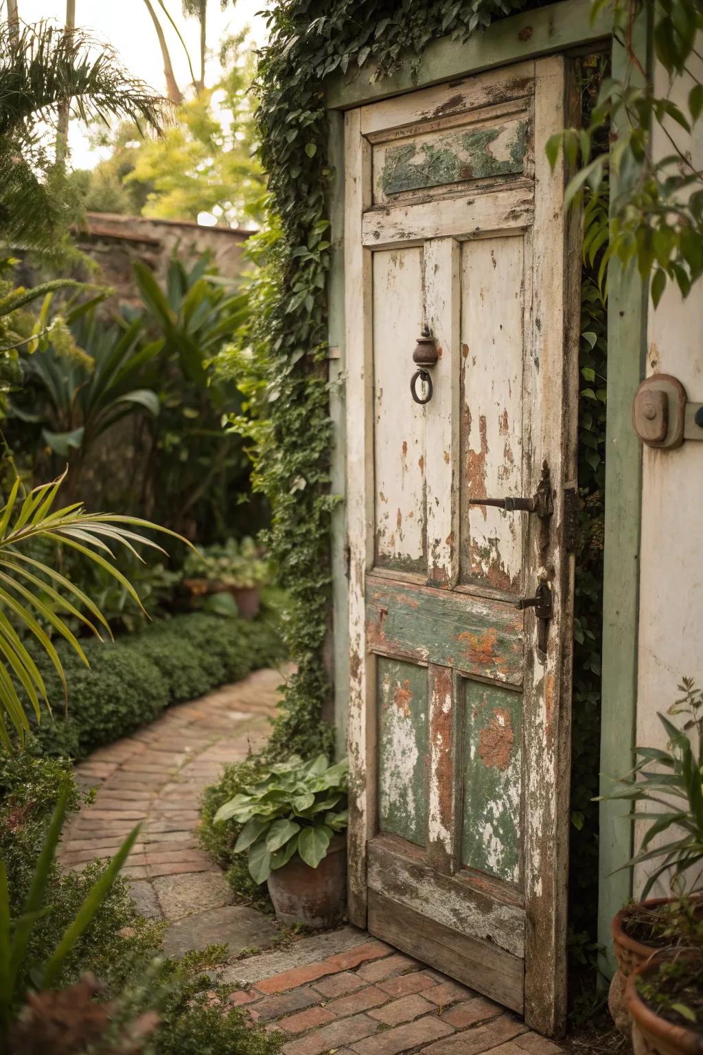 A vintage door adds character and history to this secret garden.