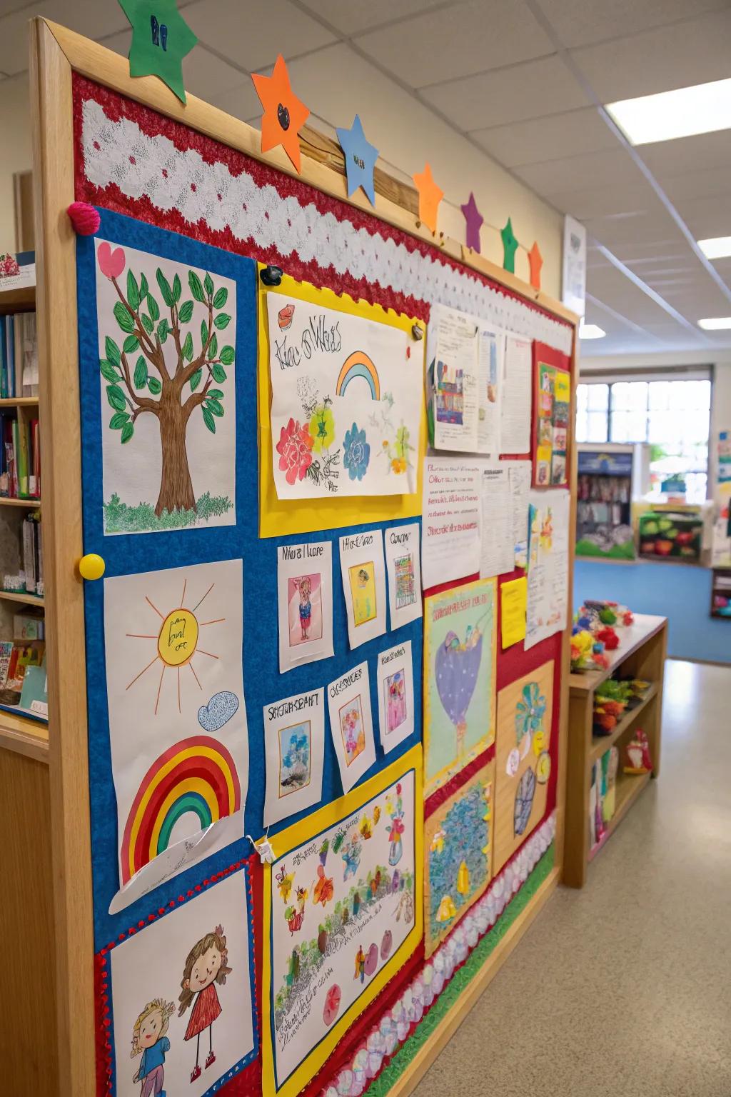 A harvest-themed bulletin board featuring children's artwork.