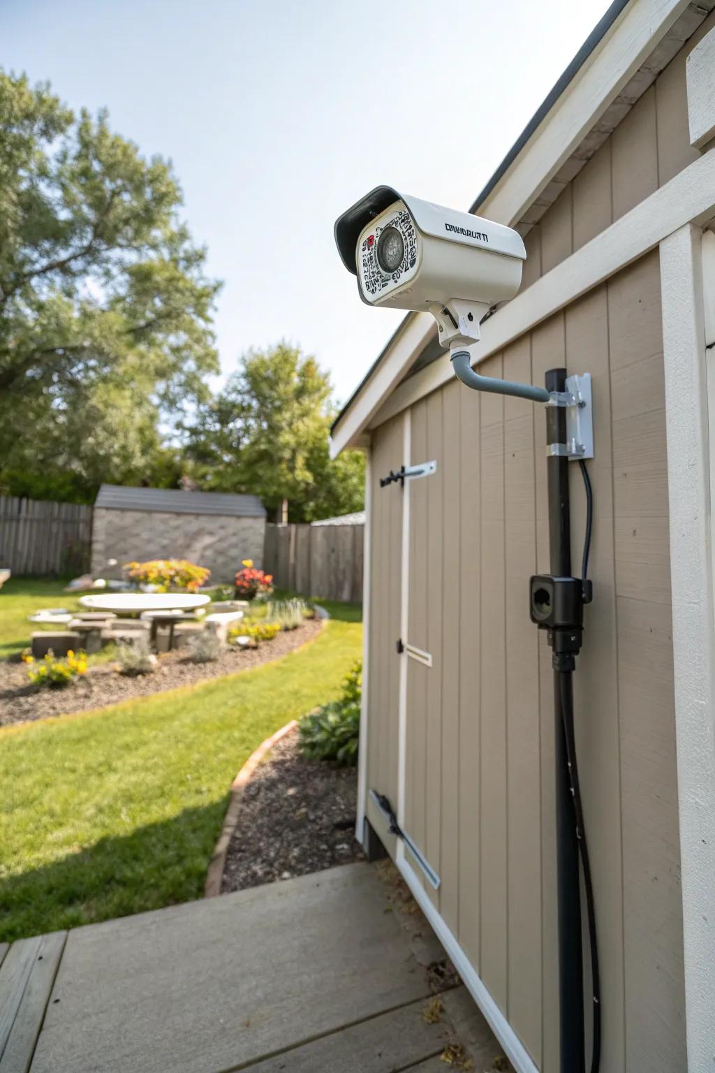 A smart security camera provides vigilant surveillance over a garden shed.