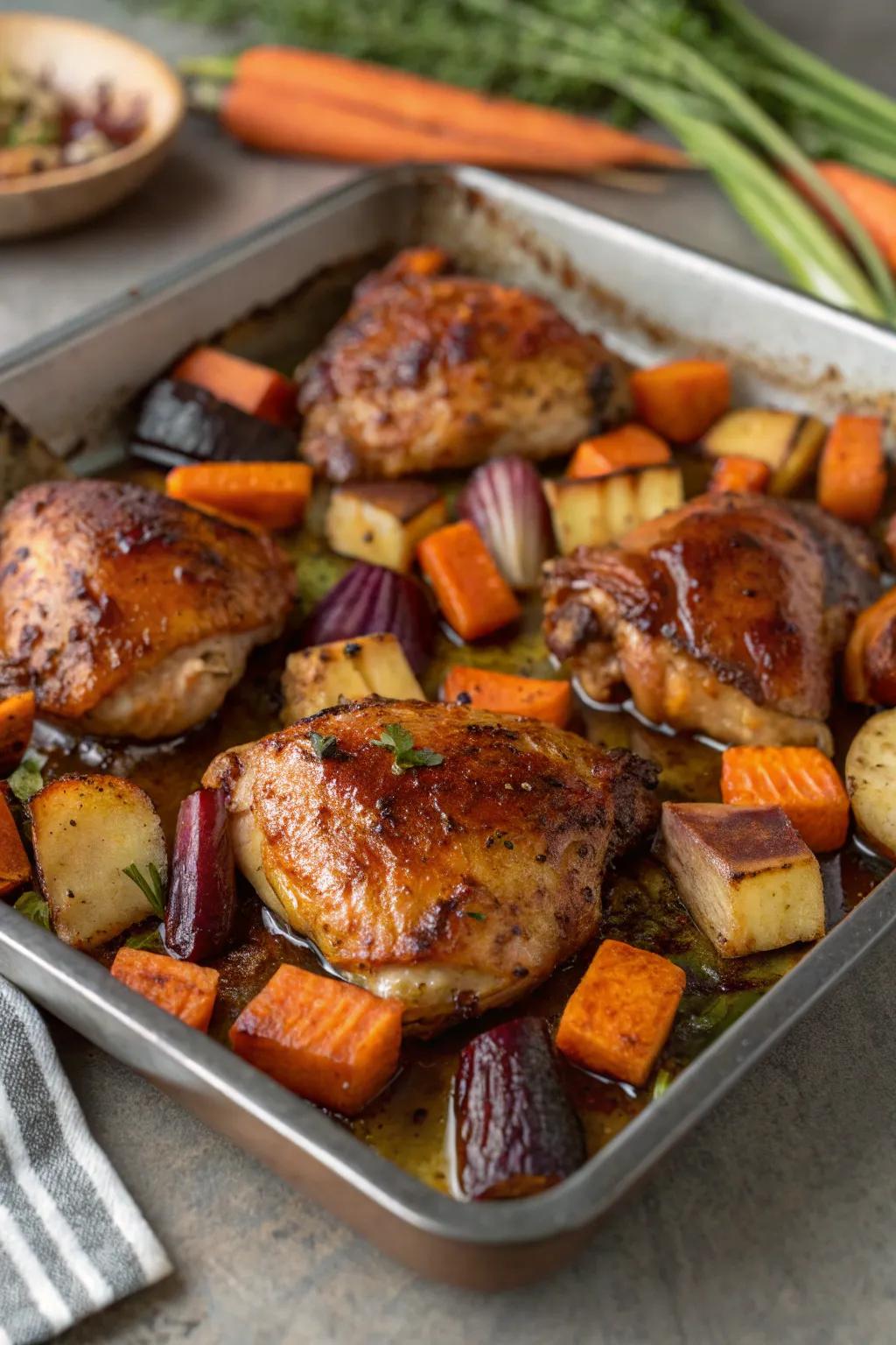 Balsamic chicken with root vegetables, hearty and flavorful.