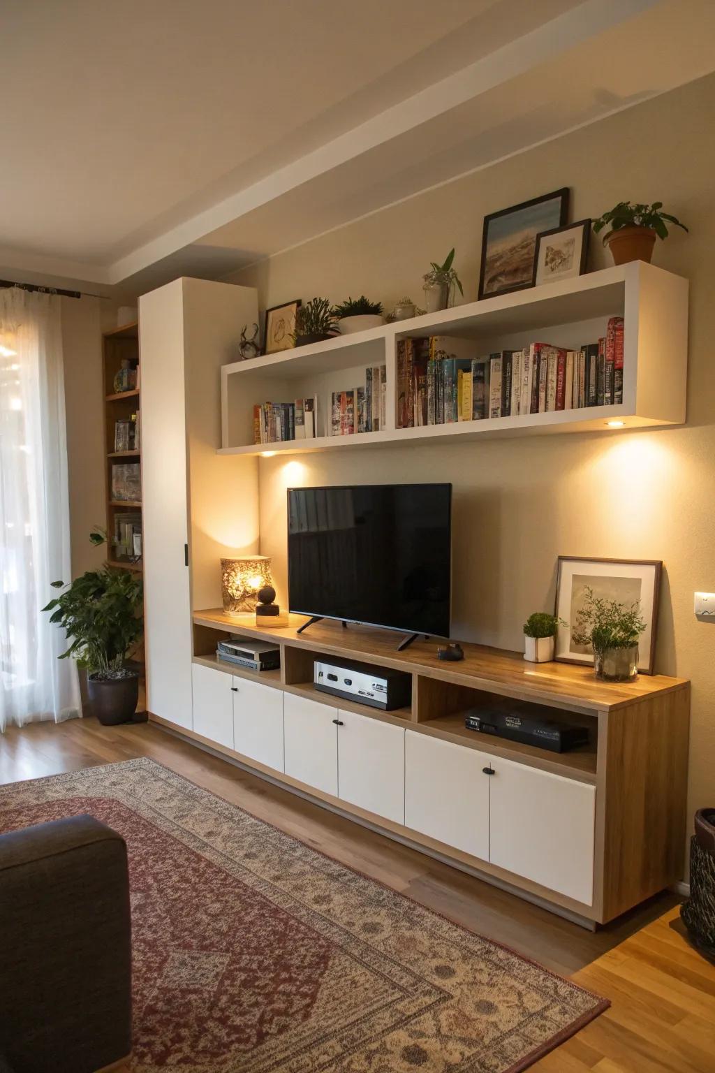 Floating cabinets offer sleek storage solutions above the TV.
