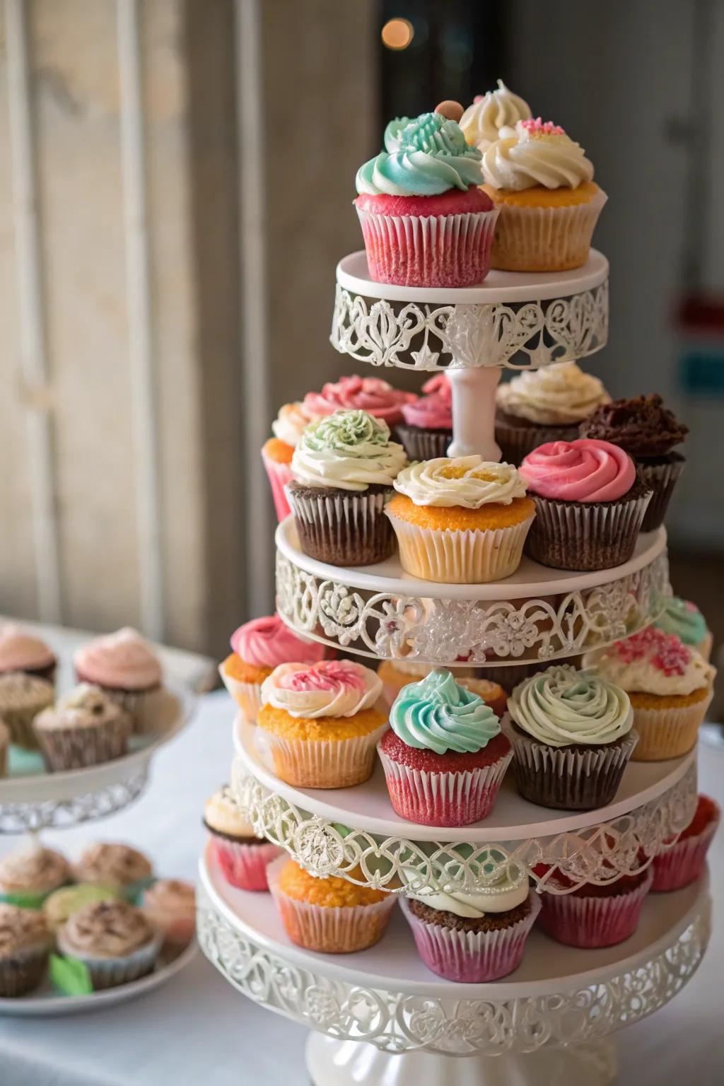 Cupcake tower offering variety and charm.