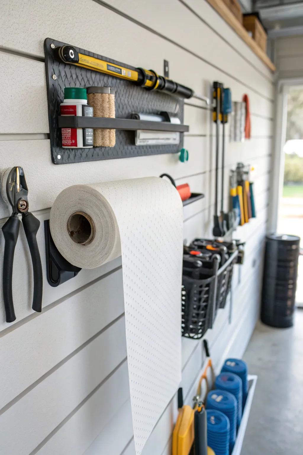 A paper towel holder on a slatwall is handy for quick clean-ups.