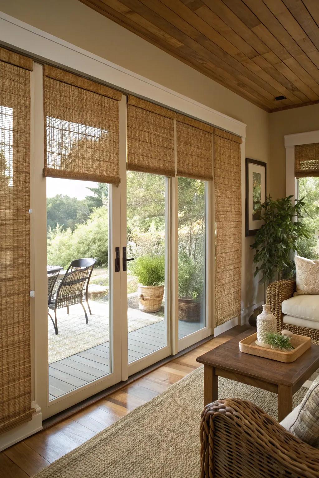 Woven wood shades provide texture and character.