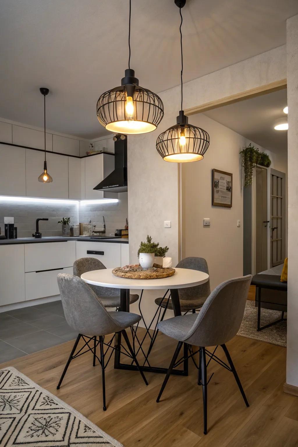 Pendant lighting adds style without occupying floor space.