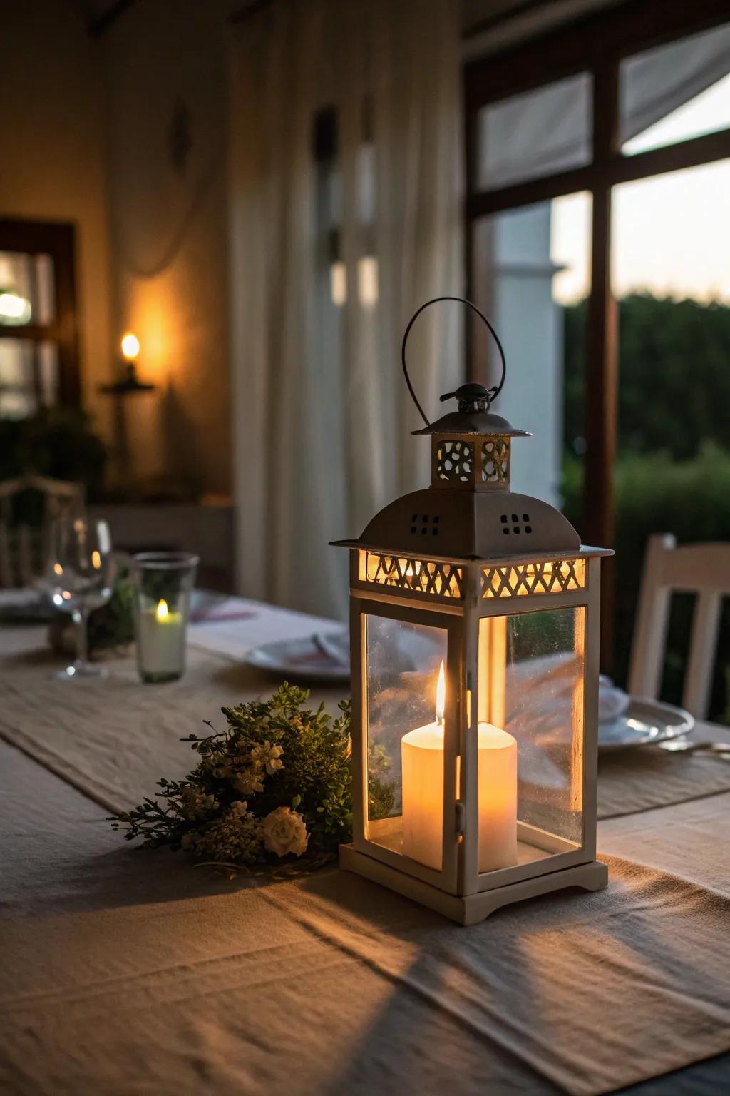 A lantern centerpiece that adds warmth and charm to your table.