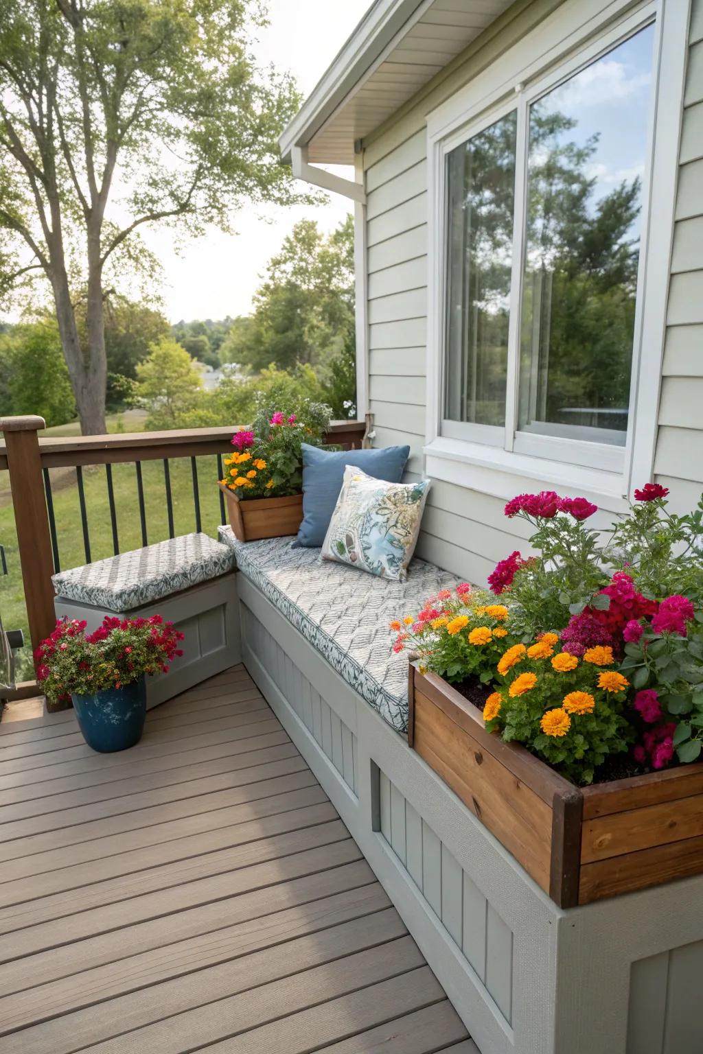 A personal touch with a DIY bench and planter on a small deck.