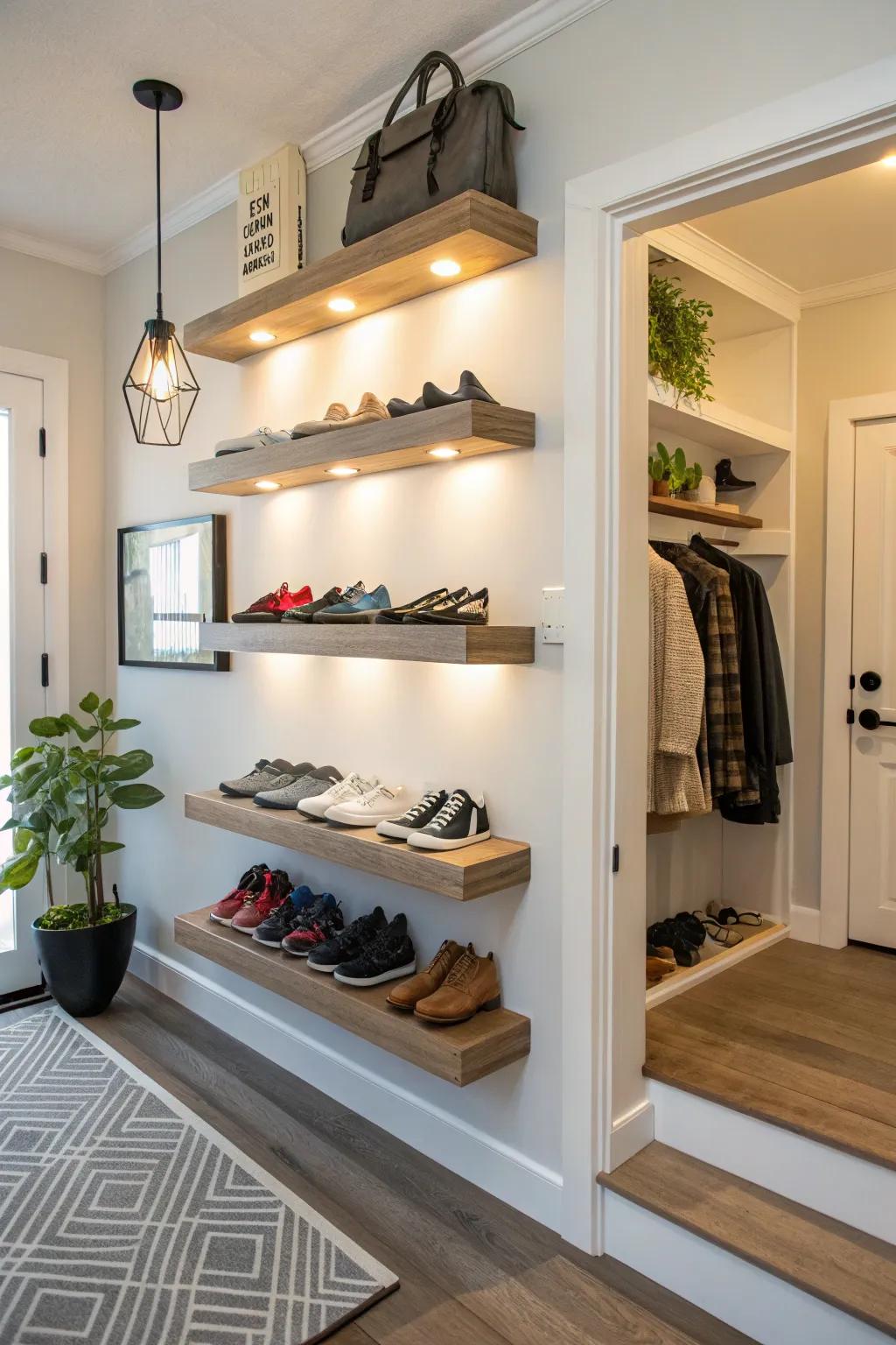 Floating shelves turn shoes into a stylish display.