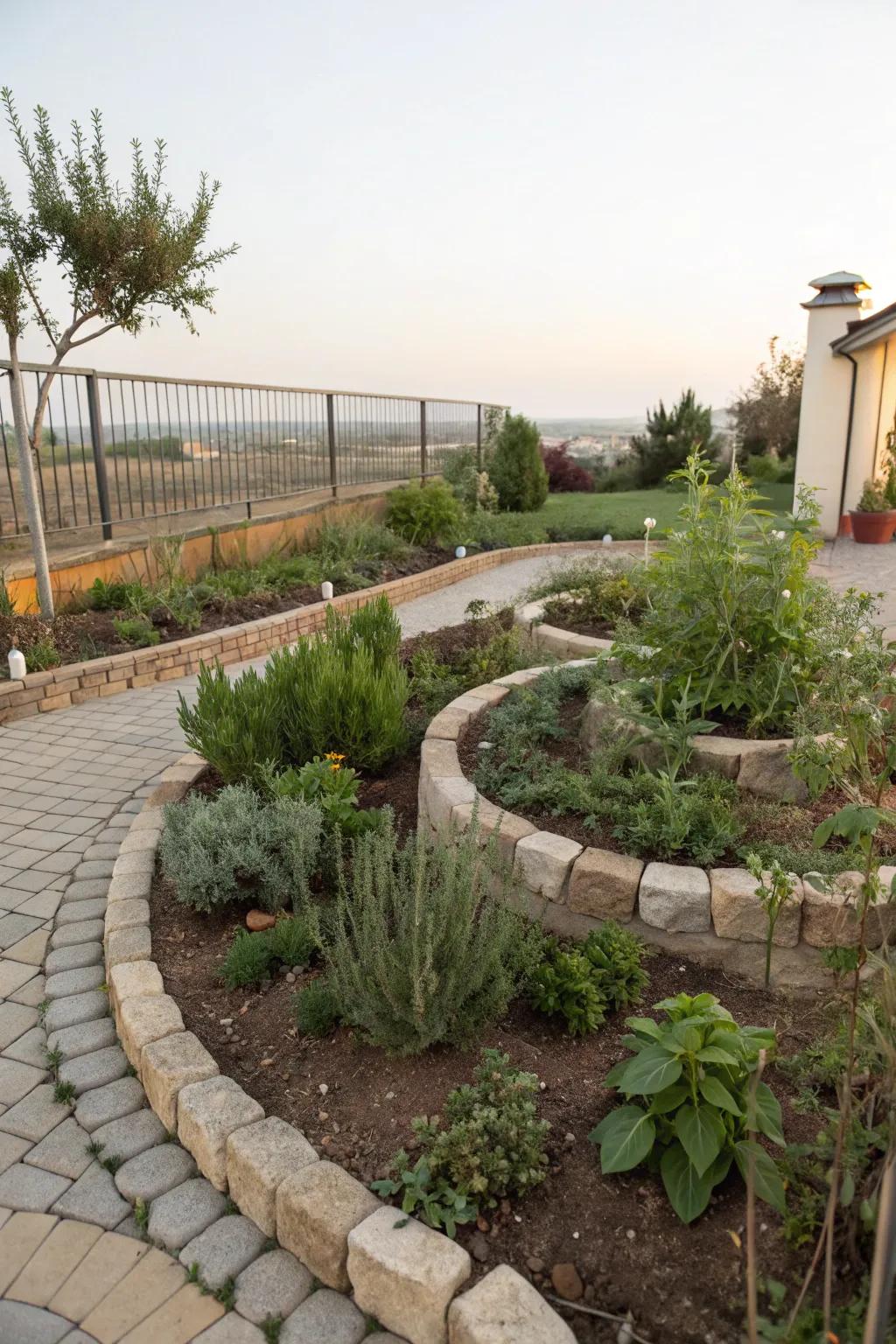 A spiral herb garden offers culinary delights and visual interest.