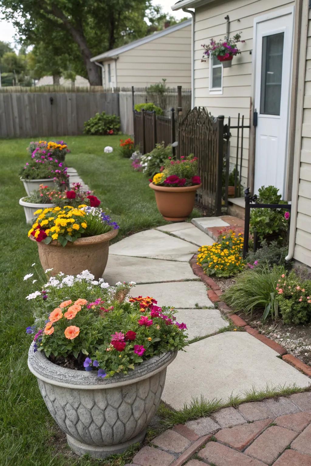 Planters add flexibility and seasonal color to the landscape.