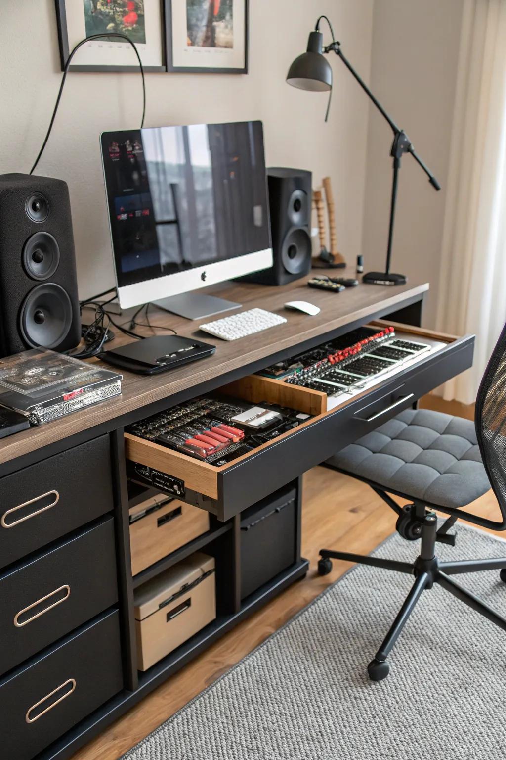 Under-desk storage helps maintain a tidy and organized studio.