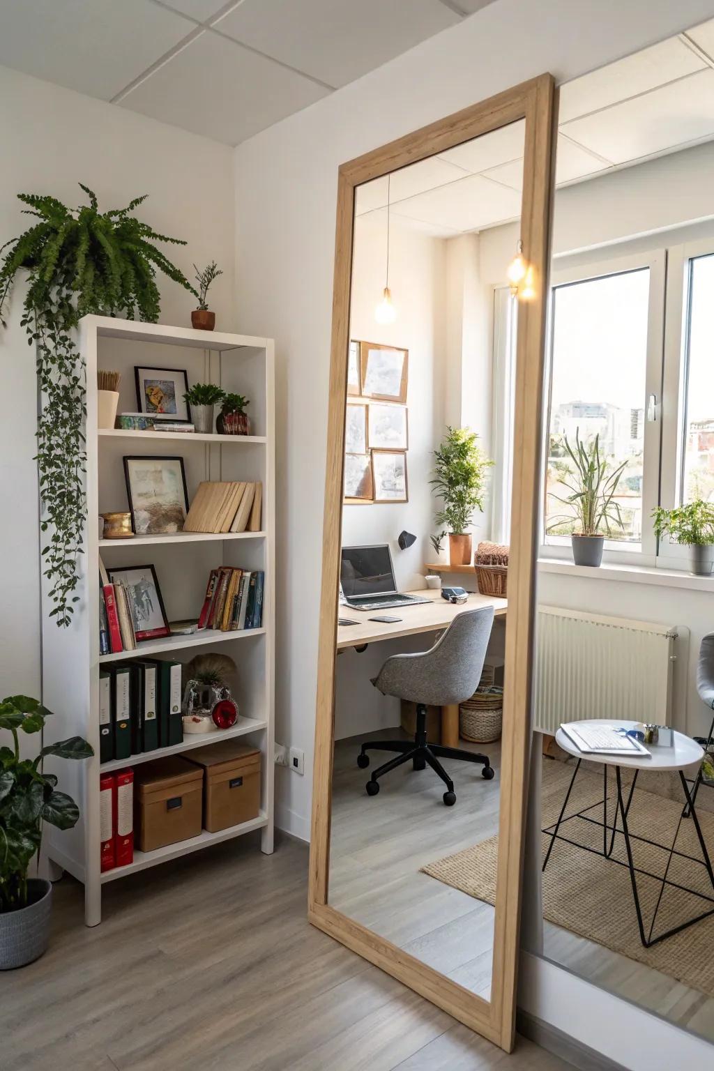 A large mirror in the office space creating an illusion of added depth.