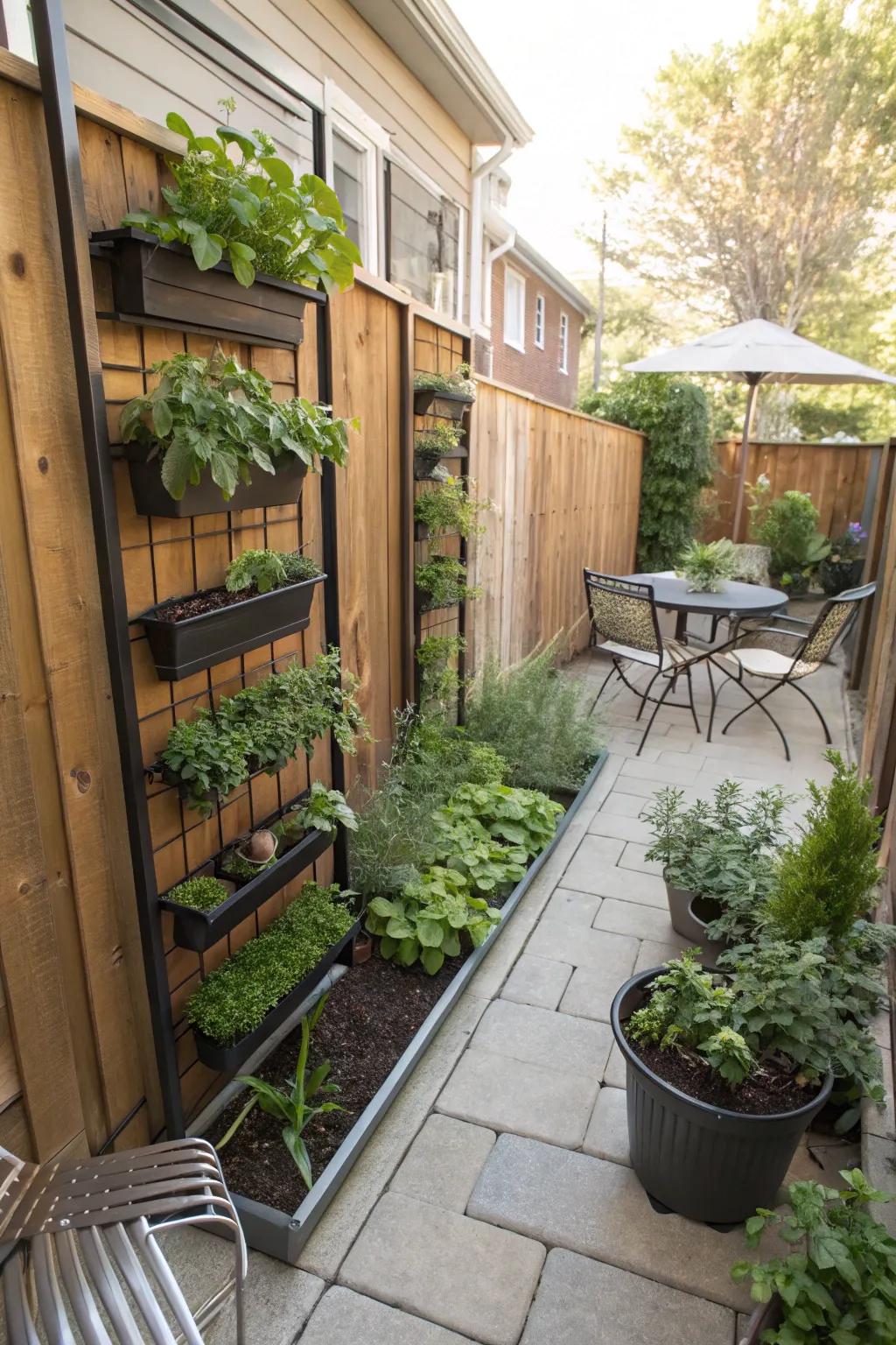 A vertical garden maximizes space on a small patio.