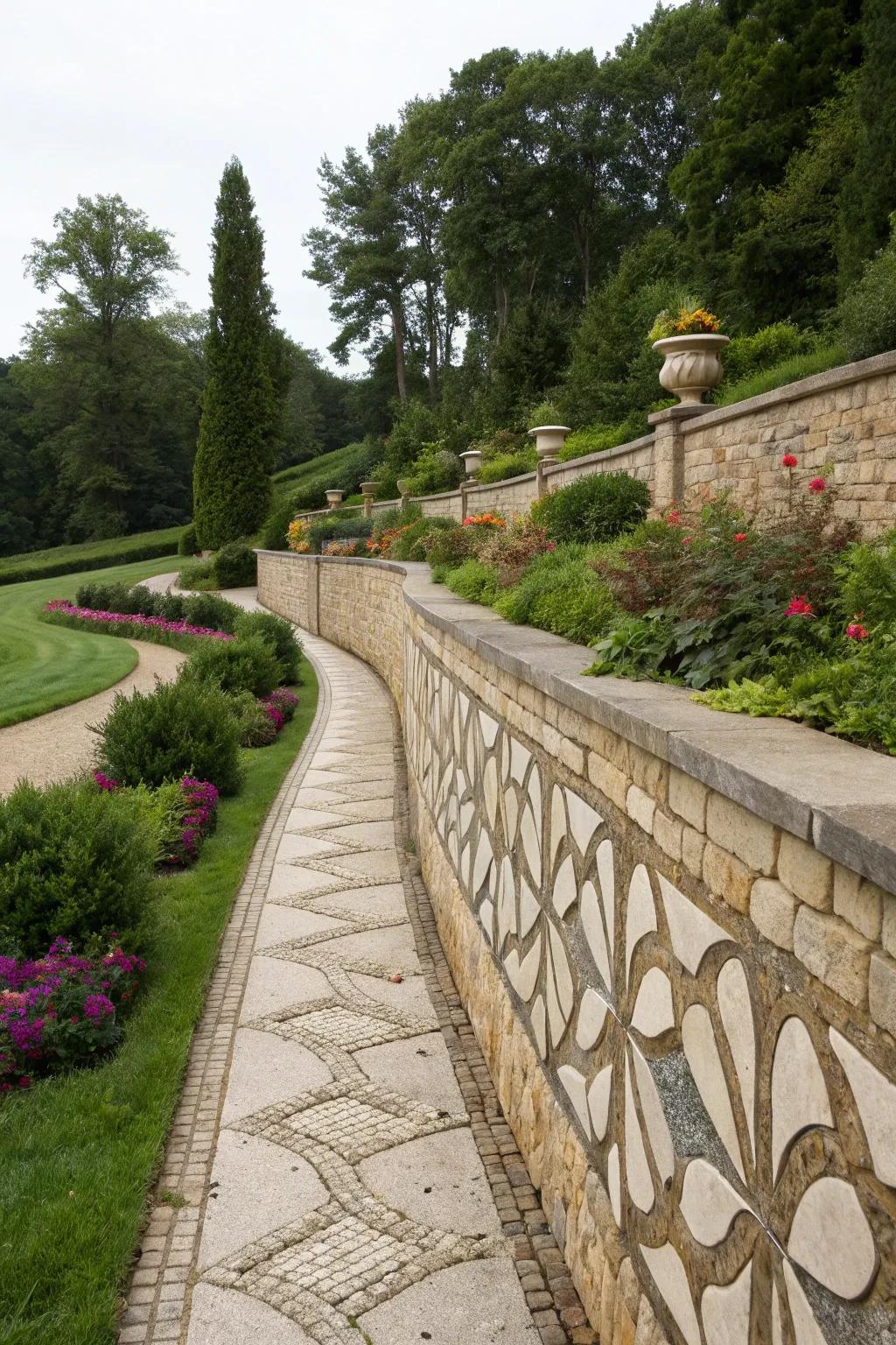 Artistic stone patterns transform retaining walls into art pieces.