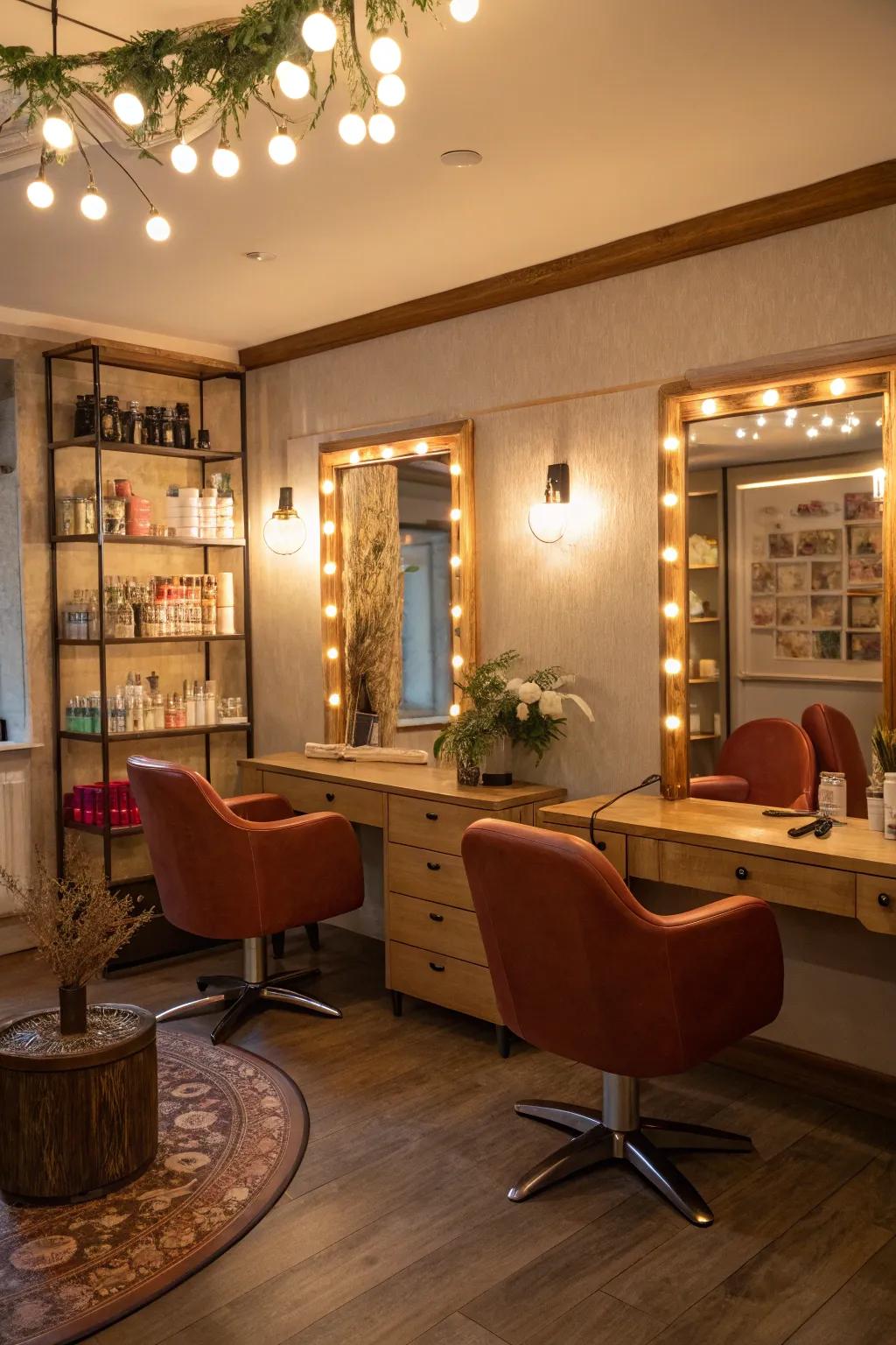 Accent lighting that adds depth and luxury to the salon.