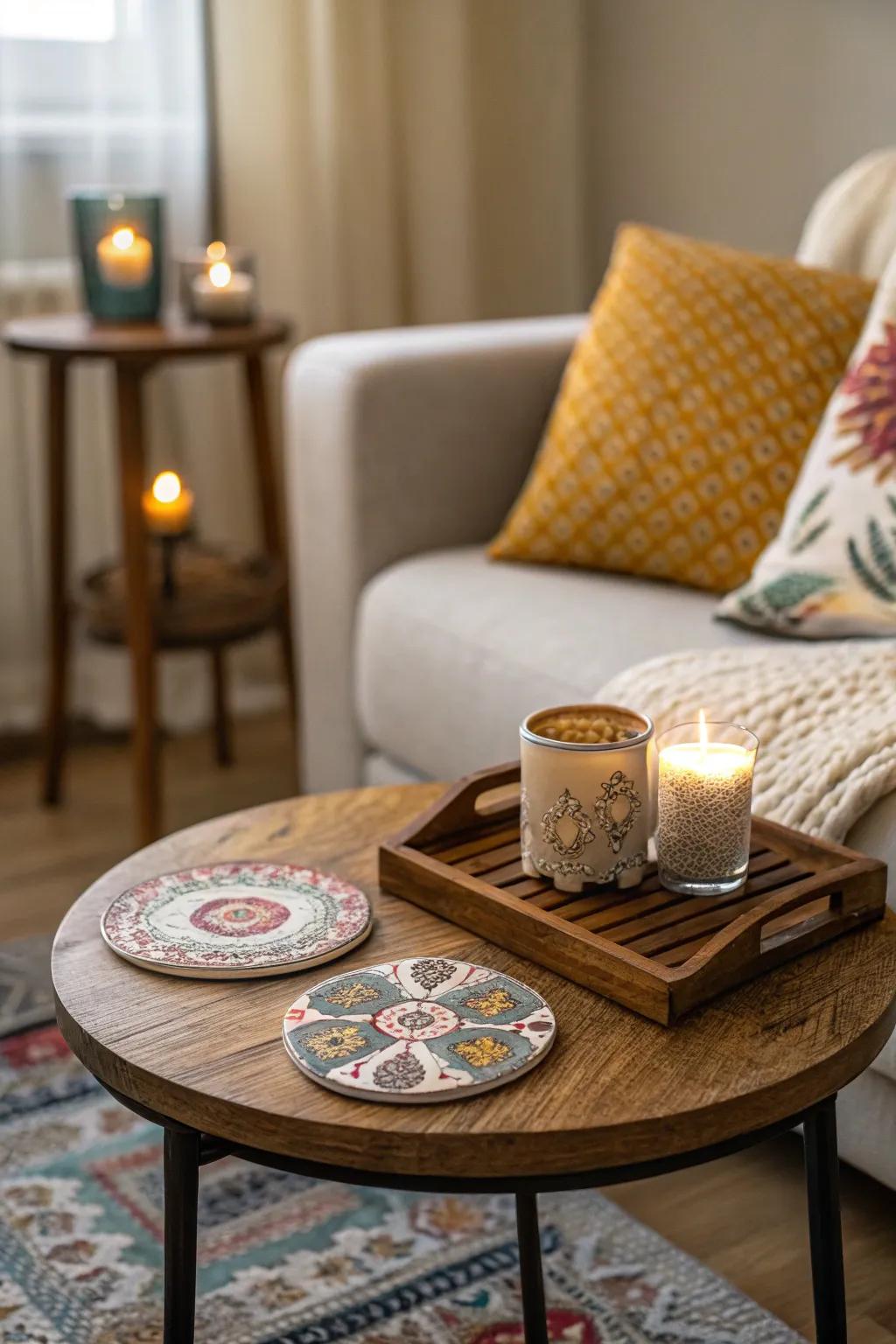 Functional coasters that add utility and charm to a side table.