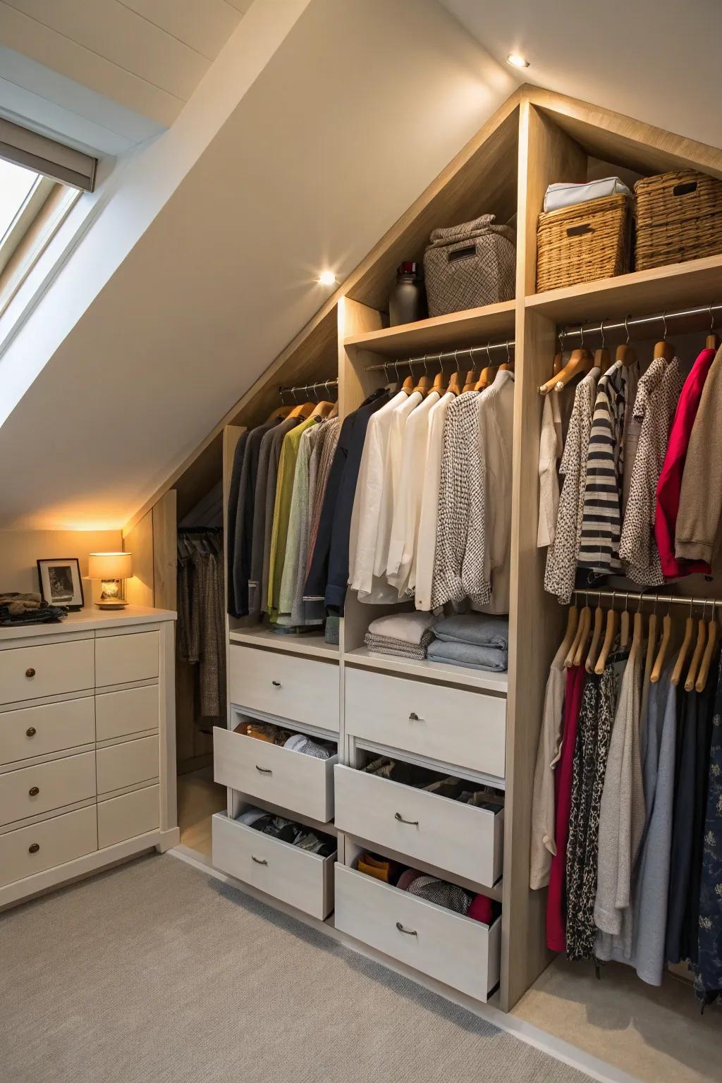 Drawer units make clever use of floor space in a slanted attic.