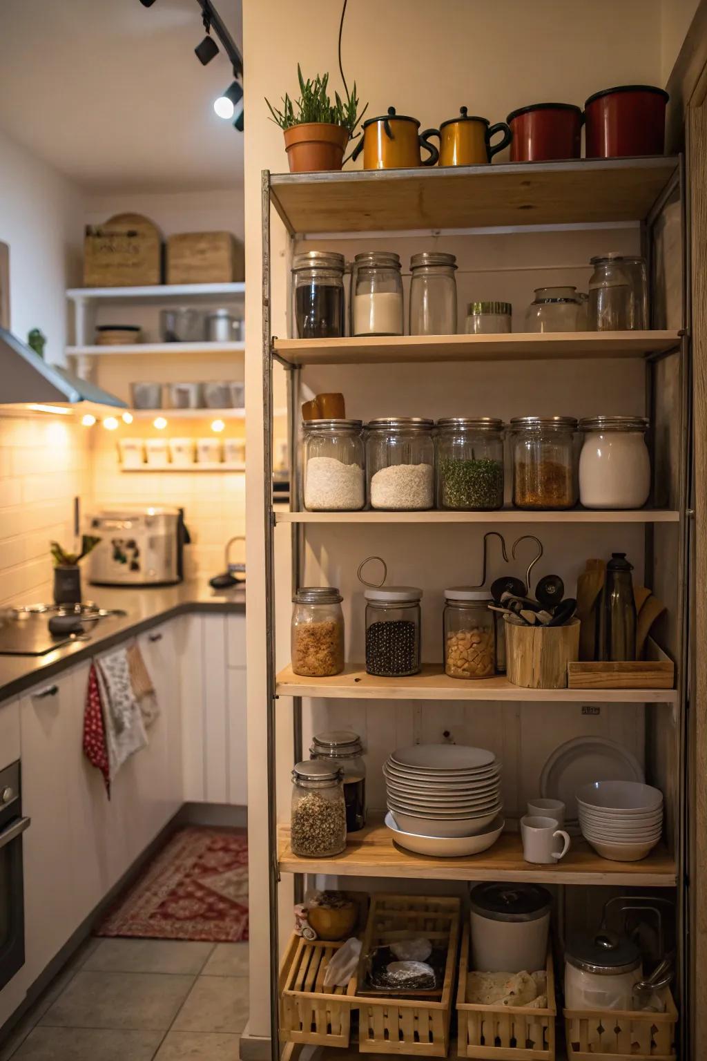 High shelving in a kitchen, offering extra storage for jars and kitchenware.