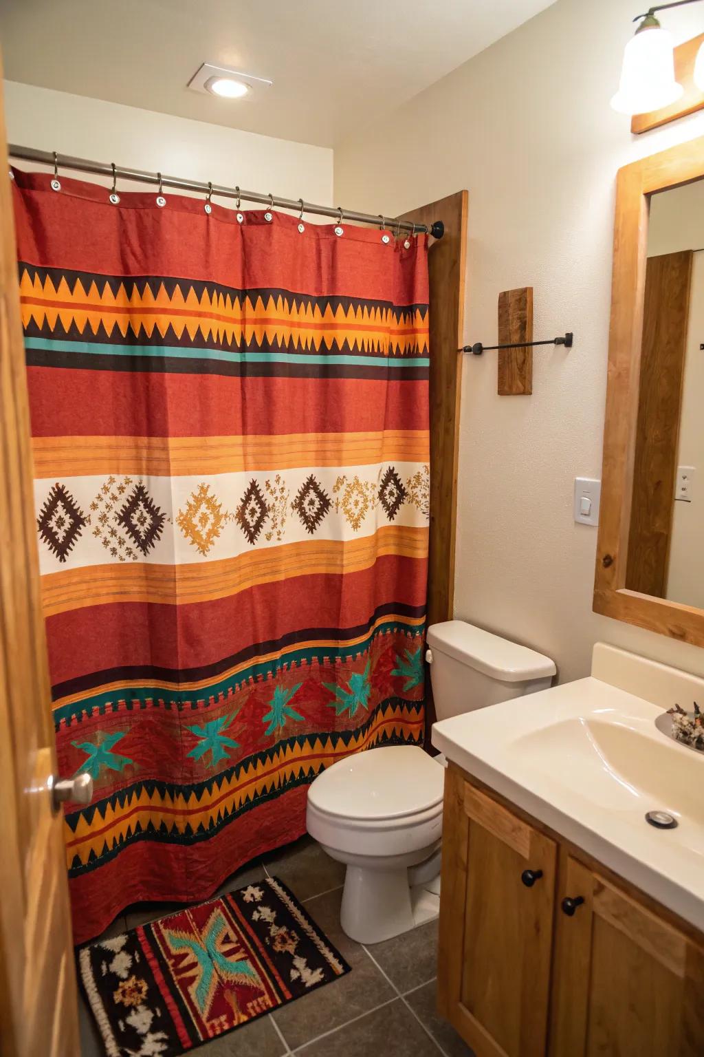 A statement shower curtain elevates the decor.