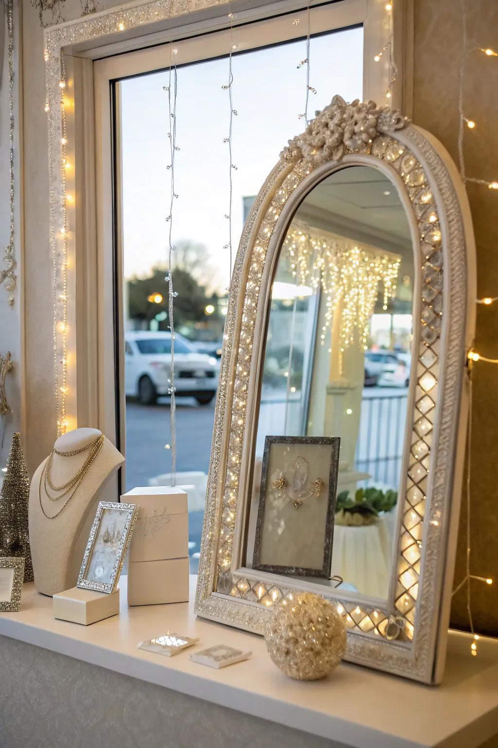 Mirrors adding depth and elegance to a small window display.