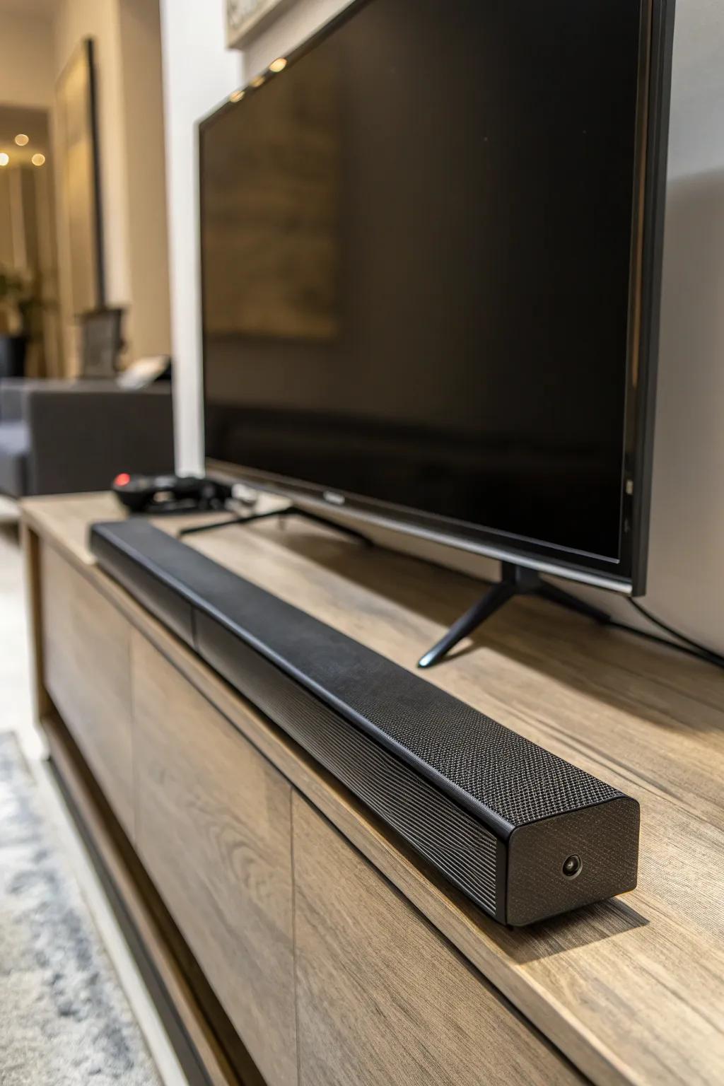 Hidden soundbar placement behind the TV for a seamless look