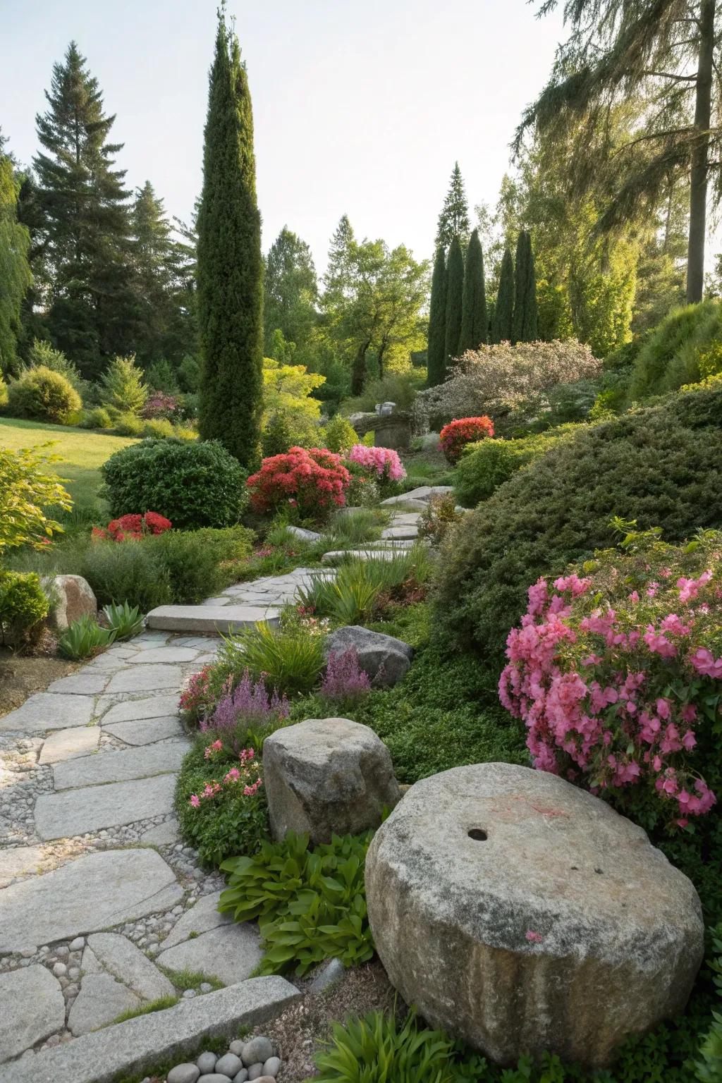 Natural stone features enhancing the texture and interest of a garden.