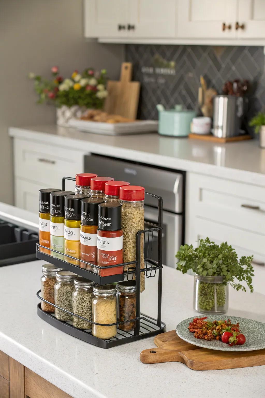 A chic countertop display for easy spice access.