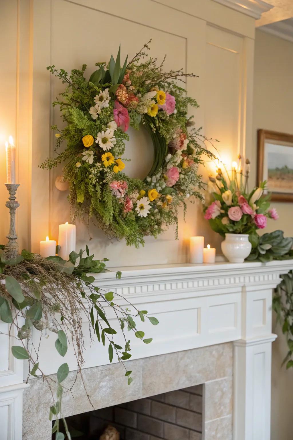 A whimsical wreath serves as a stunning centerpiece.