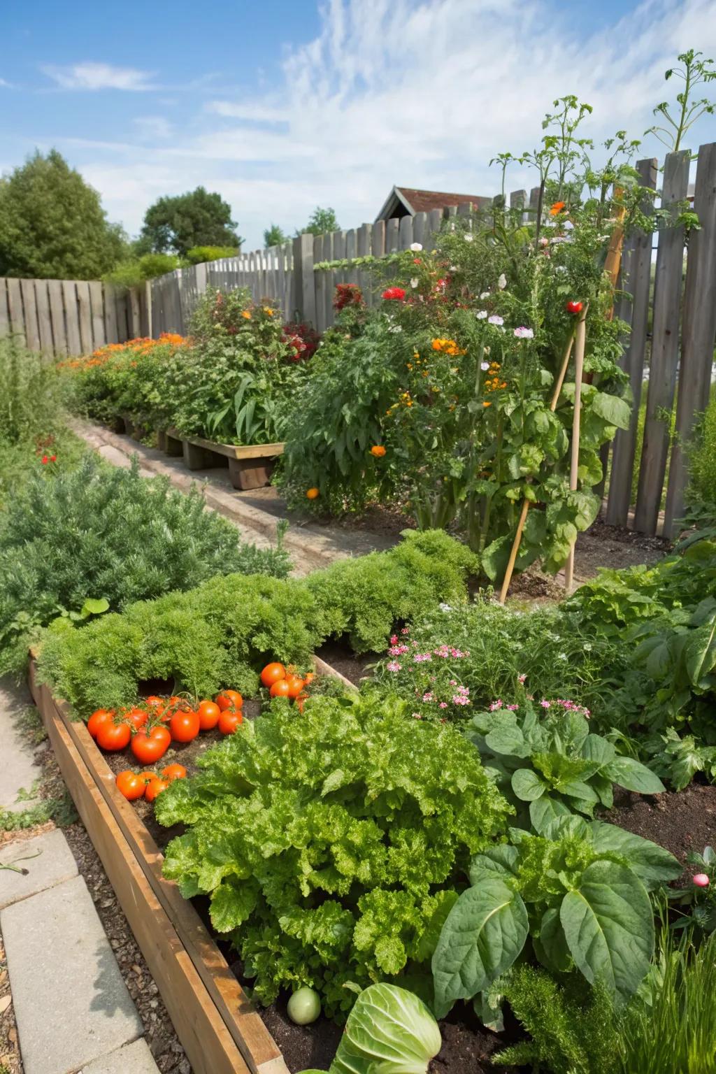 An edible garden full of vegetables and herbs provides fresh ingredients for the kitchen.