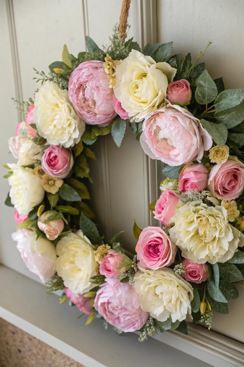 A romantic wreath filled with timeless silk blooms.