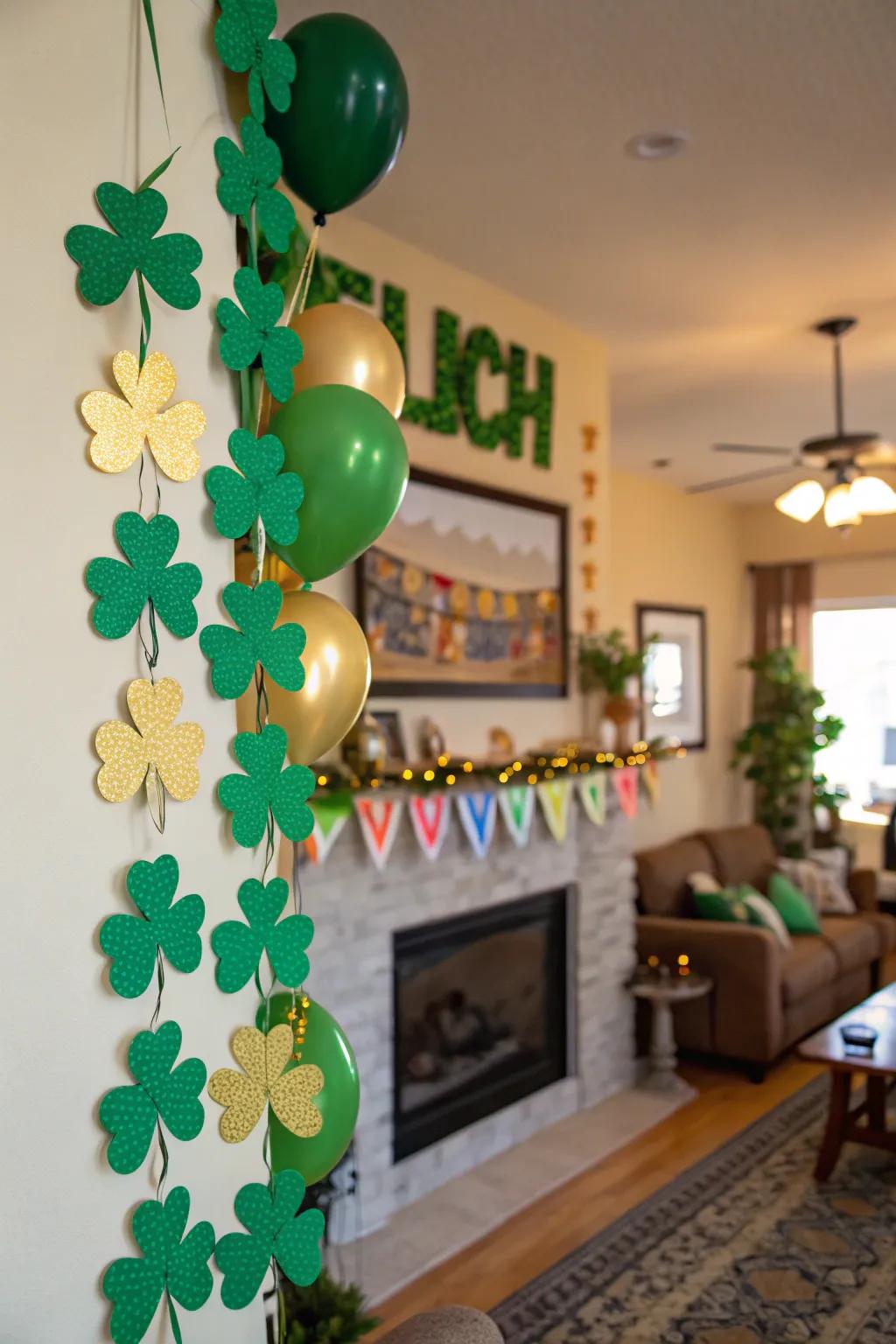 A homemade shamrock garland adding a personal touch.