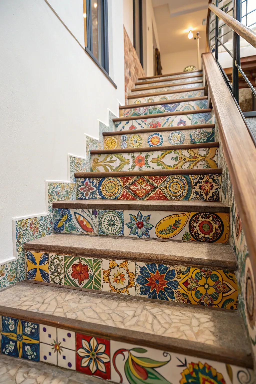 Mosaic tile risers turn steps into artistic canvases.