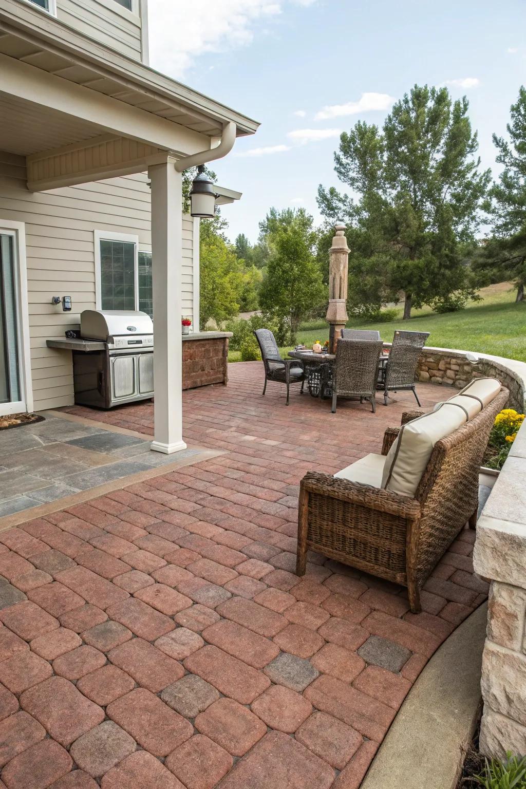 Brick-patterned concrete adds warmth and coziness to this patio.