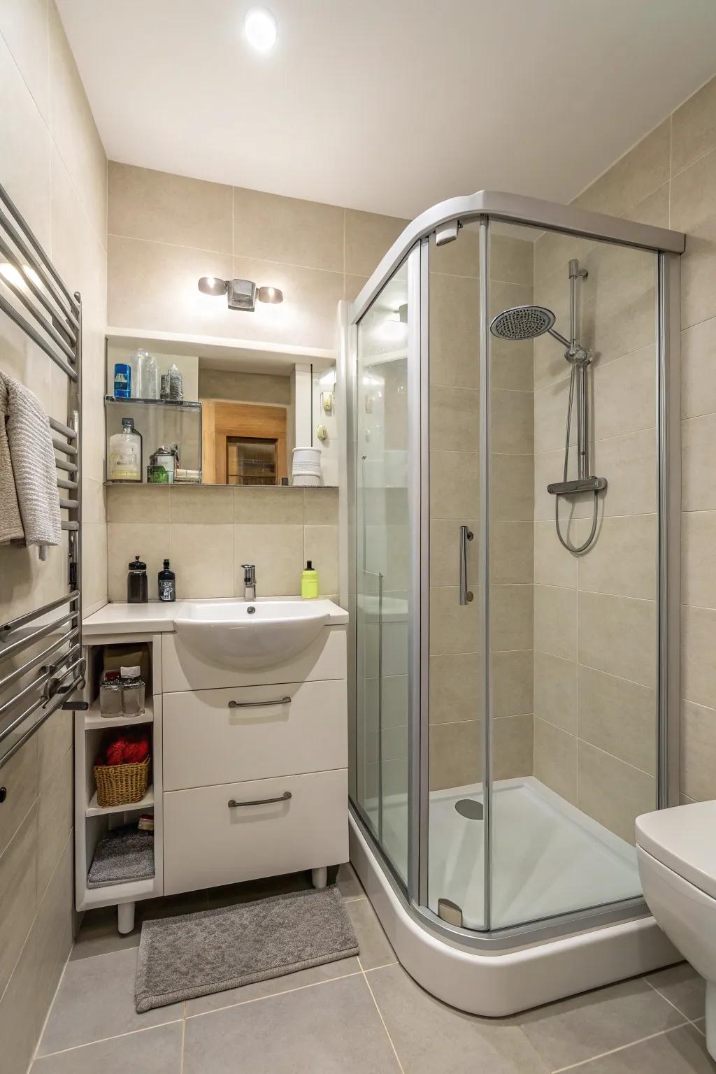 Small bathroom featuring a space-efficient step-down corner shower.